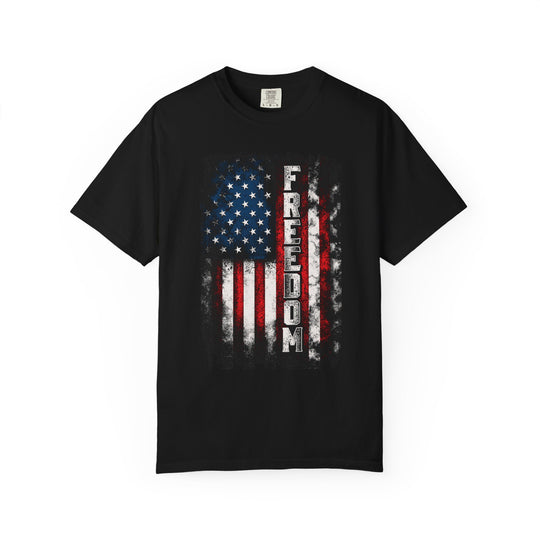 Freedom Tee: Black cotton T-shirt featuring a vertical distressed American-flag design with FREEDOM text, offering a relaxed fit and durable stitching.