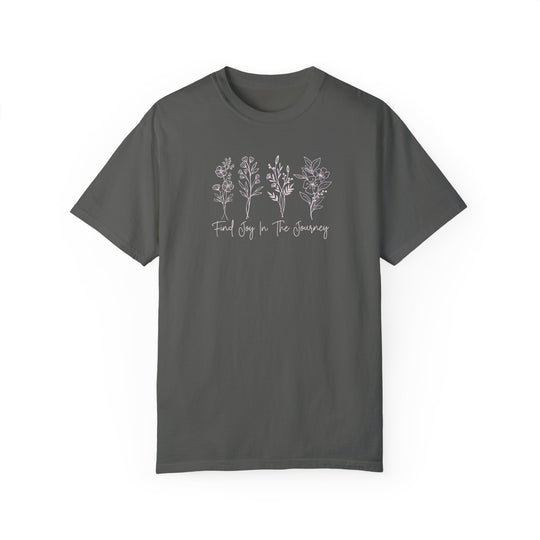 Garment-dyed tee, Find Joy in the Journey, 100% ring-spun cotton, medium weight, relaxed fit, durable double-needle stitching, seamless design for tubular shape.