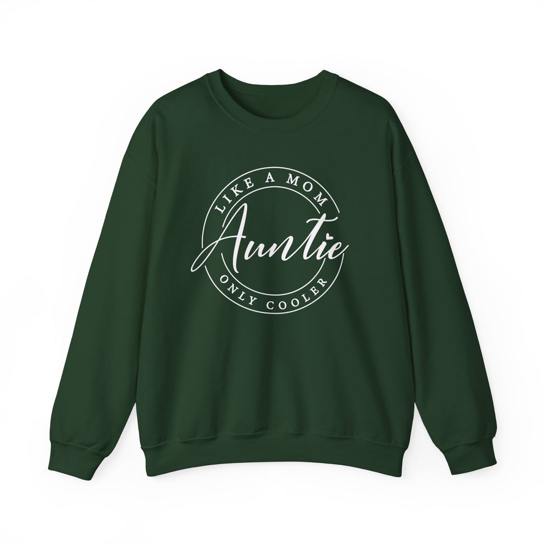 Green Auntie Crew sweatshirt featuring white text, showcasing a comfortable unisex design with ribbed knit collar, ideal for casual wear. Made from a polyester-cotton blend.