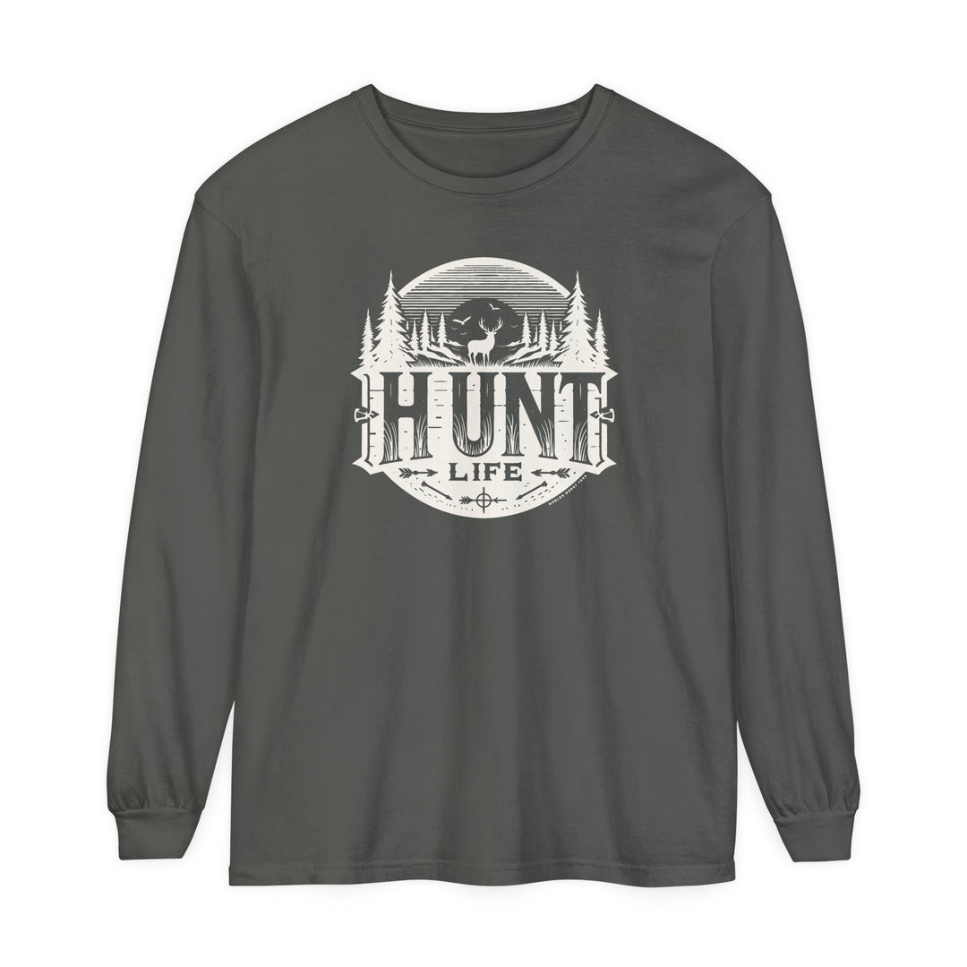 A Hunt Life Long Sleeve T-Shirt with a deer and tree logo on a grey shirt. Made of 100% ring-spun cotton for softness and style, featuring a relaxed fit for comfort. From Worlds Worst Tees.