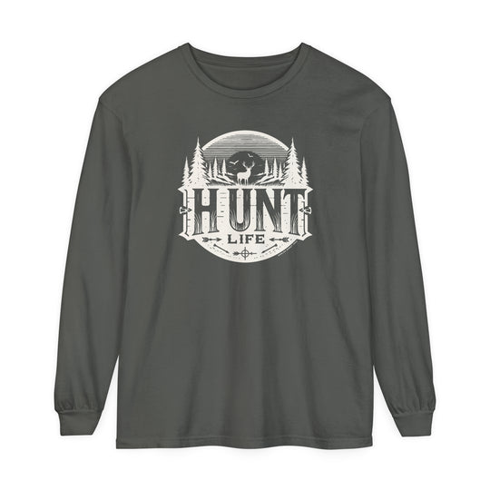 A Hunt Life Long Sleeve T-Shirt with a deer and tree logo on a grey shirt. Made of 100% ring-spun cotton for softness and style, featuring a relaxed fit for comfort. From Worlds Worst Tees.