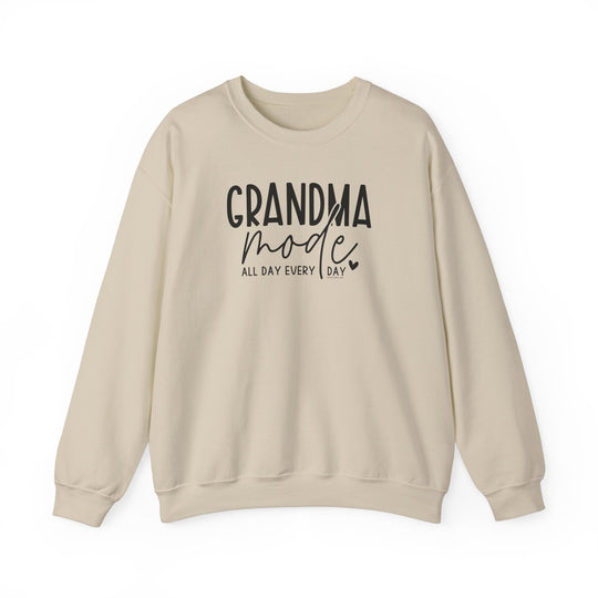 A Grandma Mode Crew unisex sweatshirt, white with black text. Heavy blend fabric, ribbed knit collar, no itchy seams. 50% cotton, 50% polyester, loose fit, true to size.