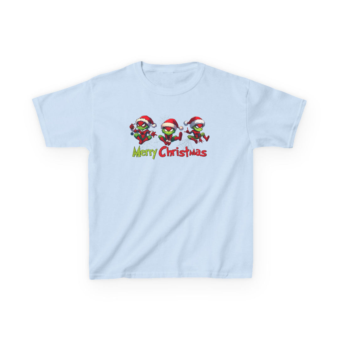 Spider Kids Tee features three green cartoon characters in Santa hats with Merry Christmas text. Perfect for everyday wear, offering durability and comfort.