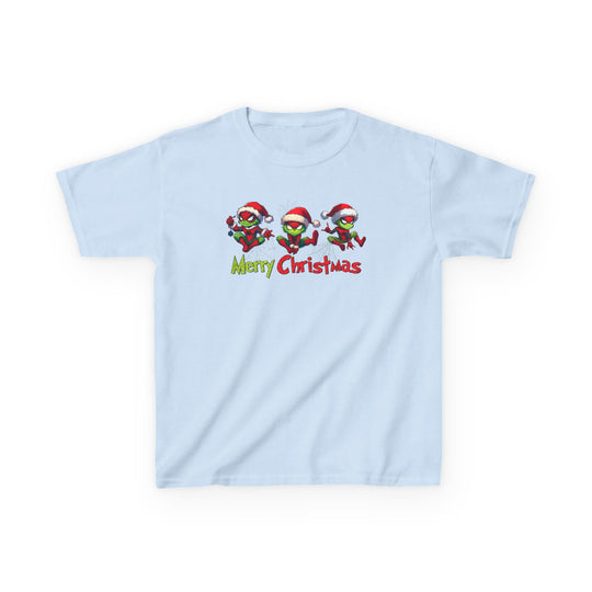 Spider Kids Tee features three green cartoon characters in Santa hats with Merry Christmas text. Perfect for everyday wear, offering durability and comfort.