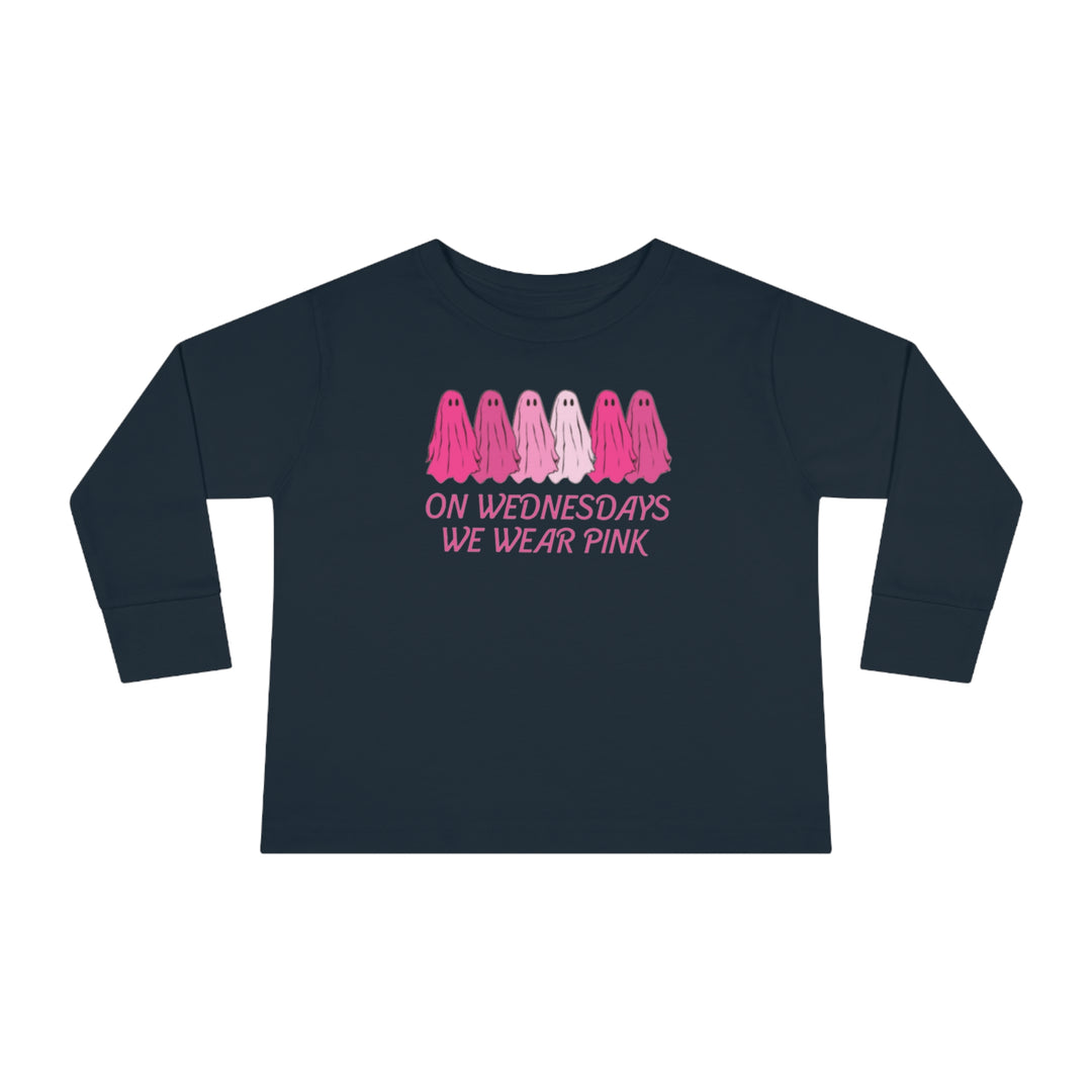 Toddler long-sleeve tee with pink and white ghost design. 100% combed ringspun cotton for durability and comfort. Features topstitched ribbed collar and EasyTear™ label. Unisex fit for ages 2-6.