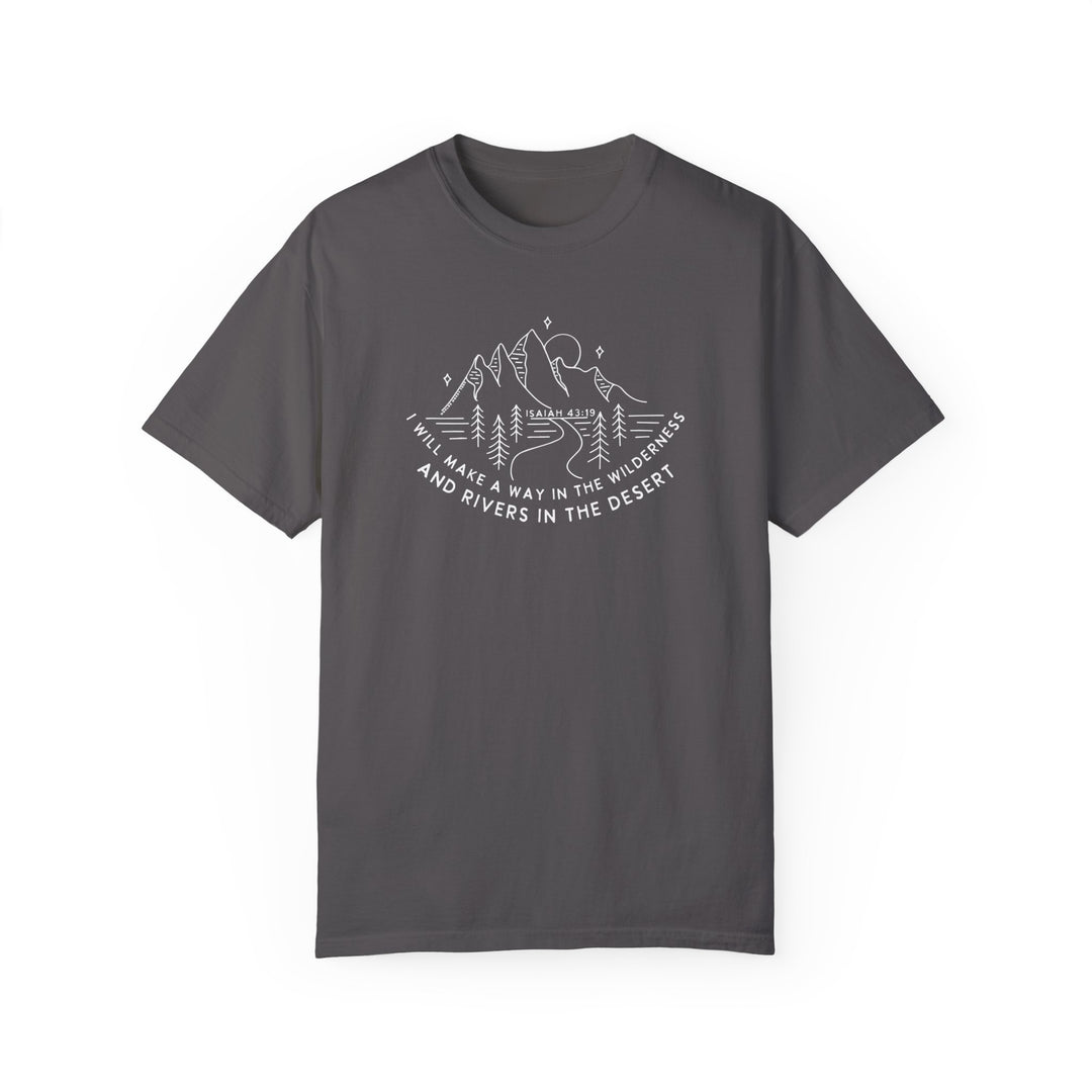 A relaxed fit I Will Make a Way Tee, featuring a white graphic design of mountains and trees on a grey t-shirt. Made of 100% ring-spun cotton for coziness and durability. Dimensions: S - XL.