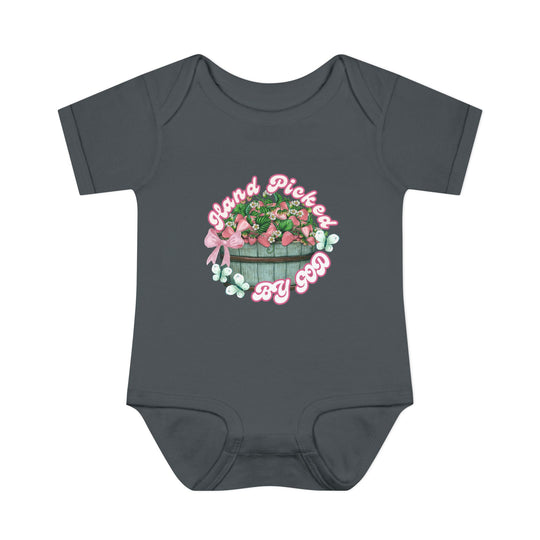 Hand Picked by GOD Onesie: Infant bodysuit featuring lap shoulders, made of soft 100% ring-spun cotton, designed for comfort and ease of dressing.