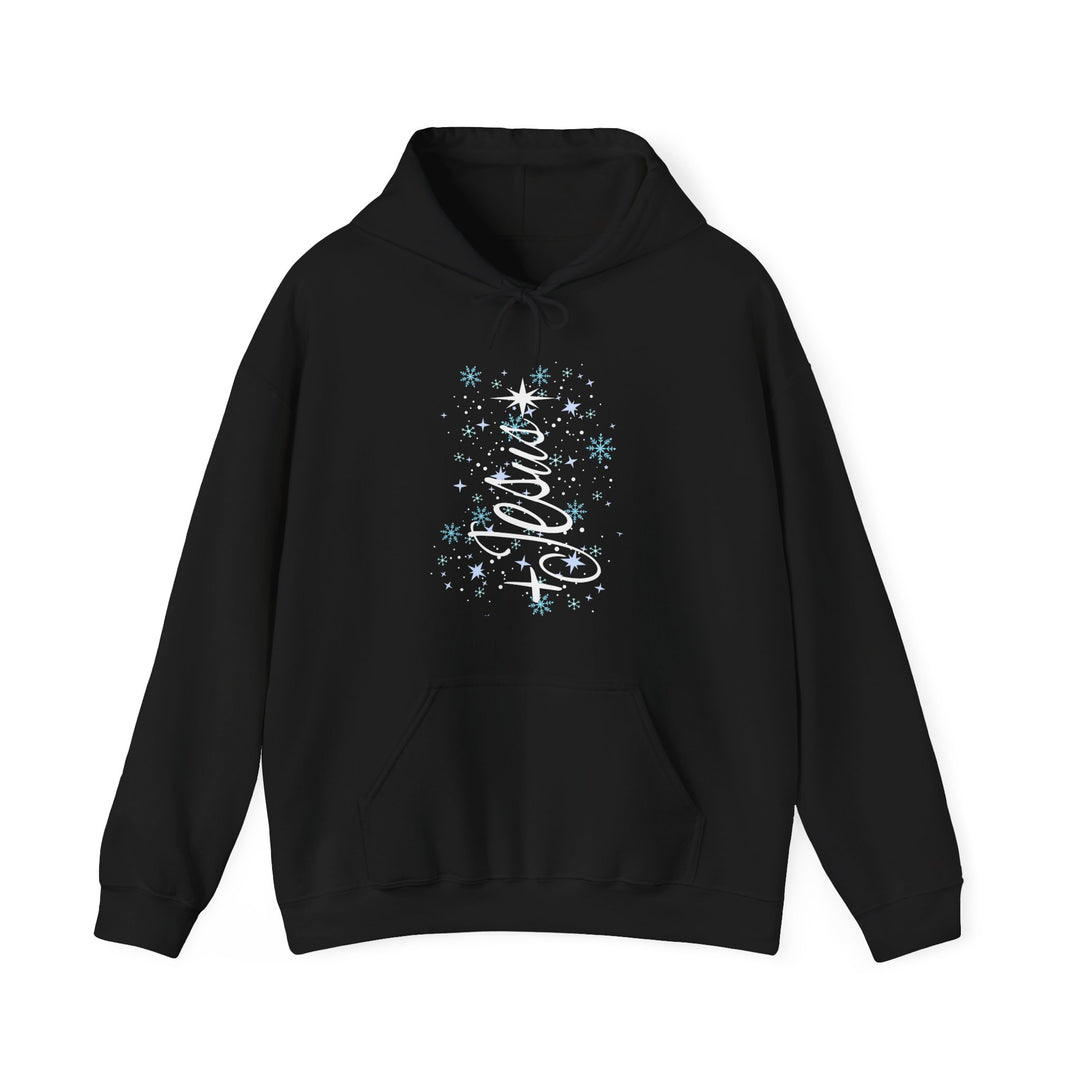 Black Jesus Tree Hoodie with snowflakes, stars, and Hope cursive graphic on chest; features kangaroo pocket and drawstring hood, offering warmth and style.