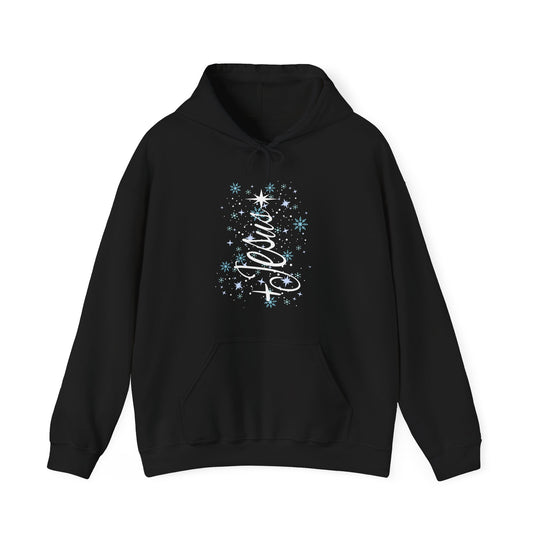 Black Jesus Tree Hoodie with snowflakes, stars, and Hope cursive graphic on chest; features kangaroo pocket and drawstring hood, offering warmth and style.