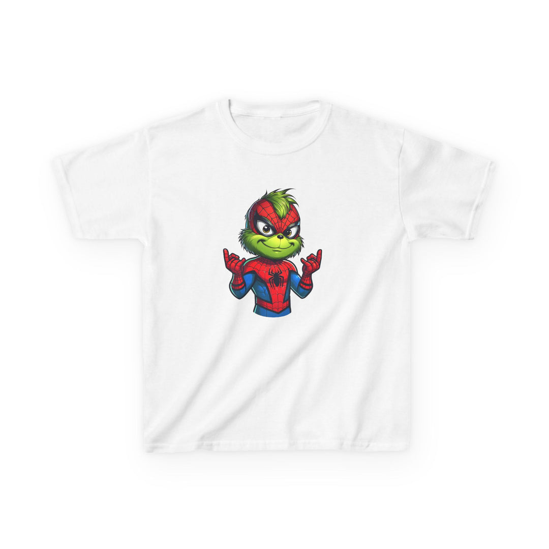 Christmas Spider Kids Tee featuring a Grinch-style character in a Spider-Man costume, perfect for everyday wear with durable, soft cotton fabric.