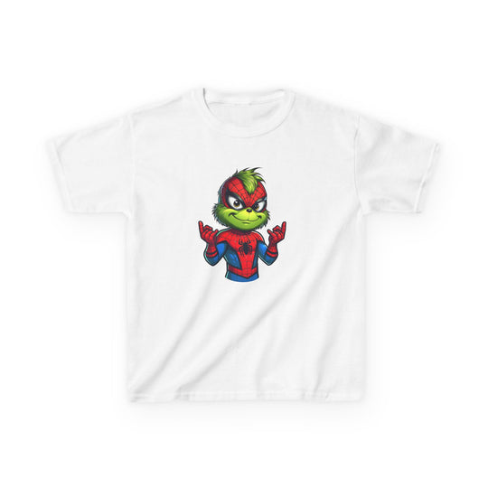 Christmas Spider Kids Tee featuring a Grinch-style character in a Spider-Man costume, perfect for everyday wear with durable, soft cotton fabric.