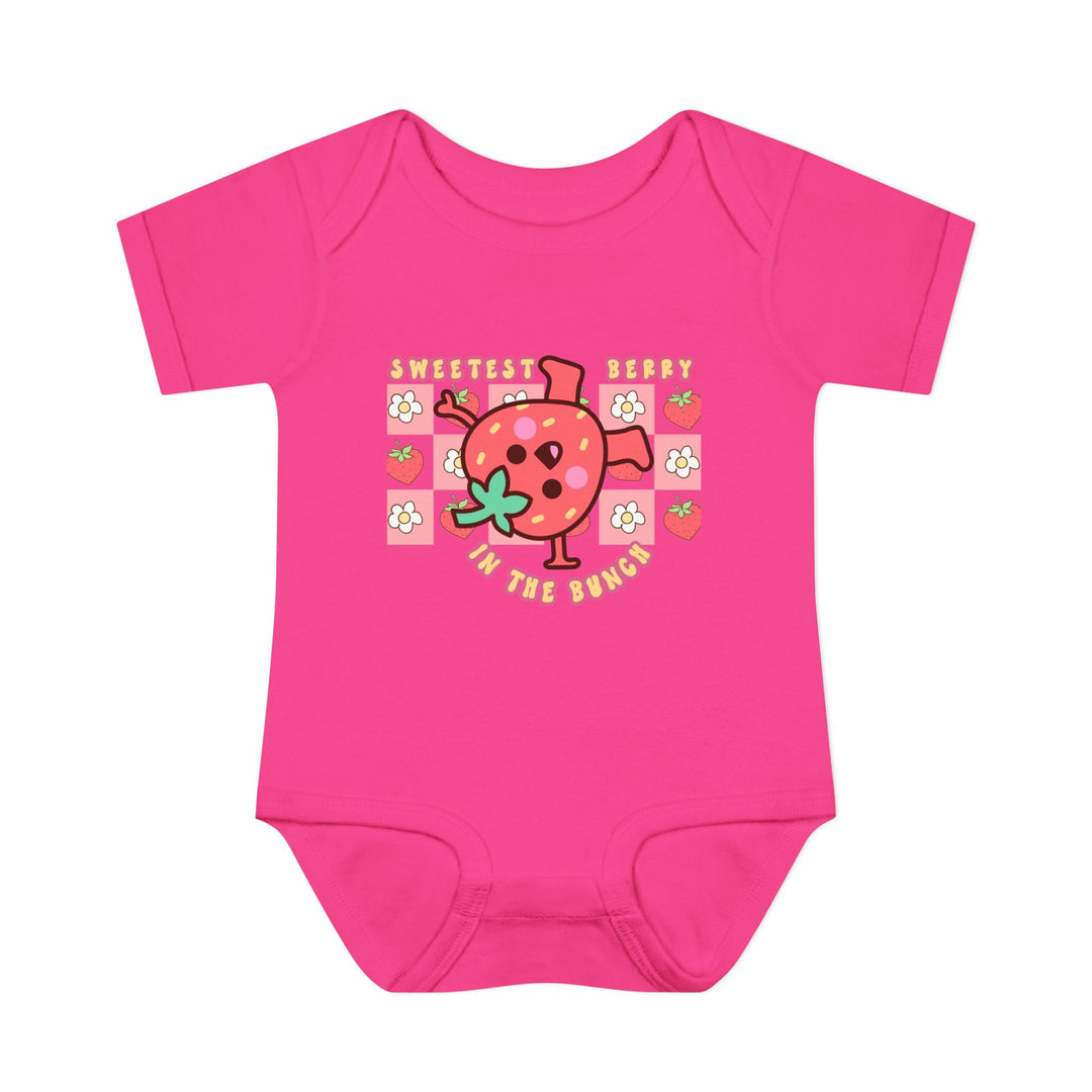 Sweetest Berry in the Bunch Onesie: Infant unisex bodysuit with lap shoulders, made of soft ring-spun cotton, designed for comfort and ease of movement.
