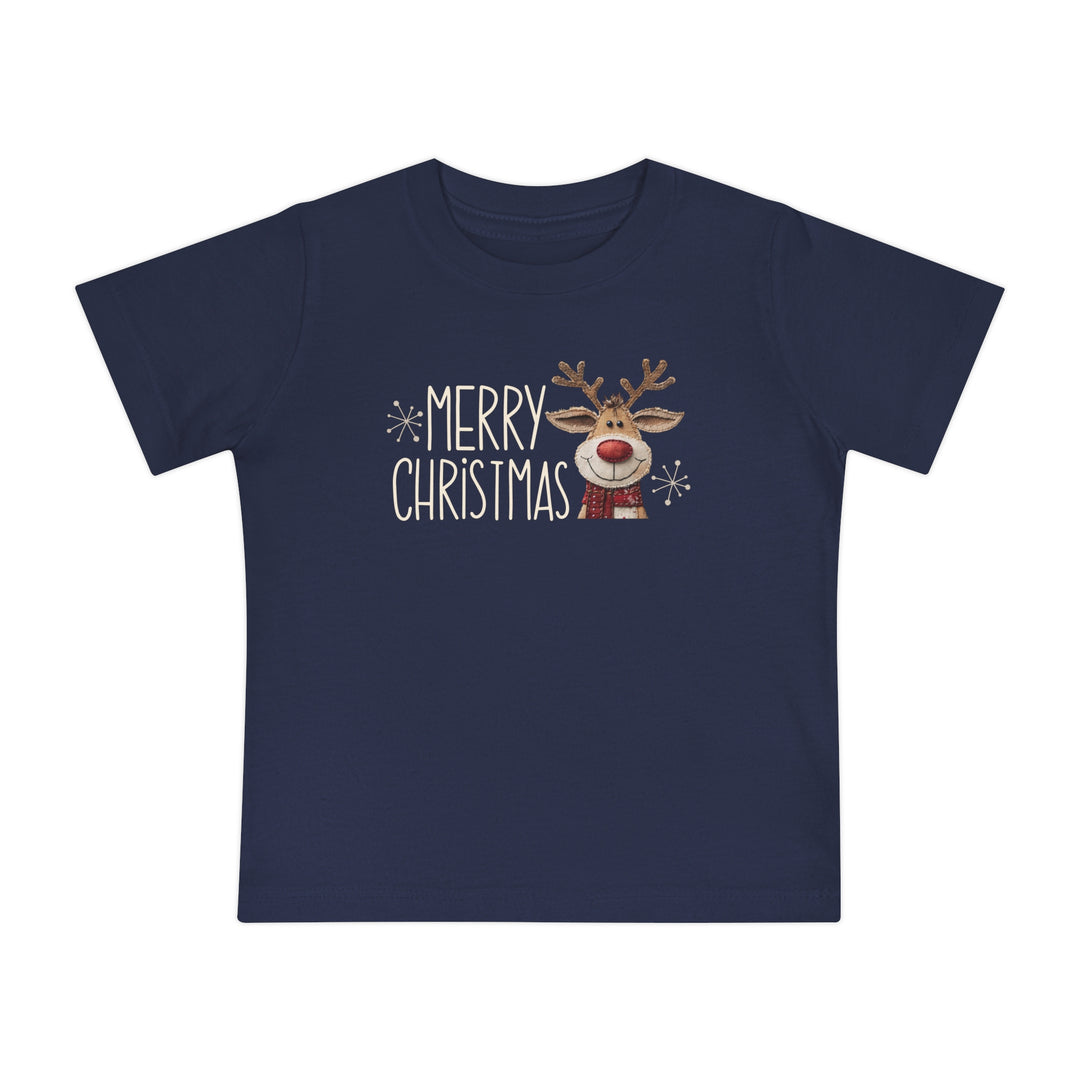 Merry Christmas Reindeer Baby Tee featuring a playful reindeer and snowflakes, perfect for style-conscious little ones. Super soft, shrink-resistant navy-blue T-shirt for babies.