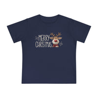 Merry Christmas Reindeer Baby Tee featuring a playful reindeer and snowflakes, perfect for style-conscious little ones. Super soft, shrink-resistant navy-blue T-shirt for babies.