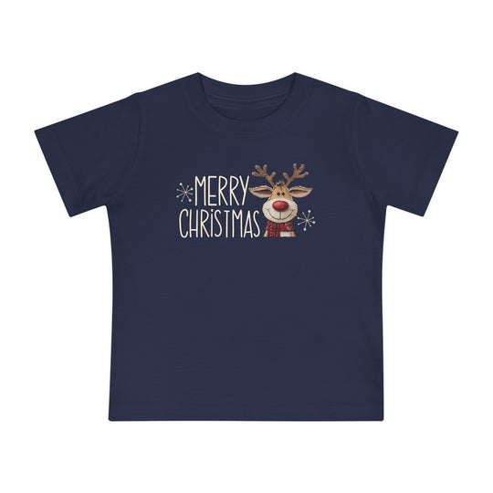 Merry Christmas Reindeer Baby Tee featuring a playful reindeer and snowflakes, perfect for style-conscious little ones. Super soft, shrink-resistant navy-blue T-shirt for babies.