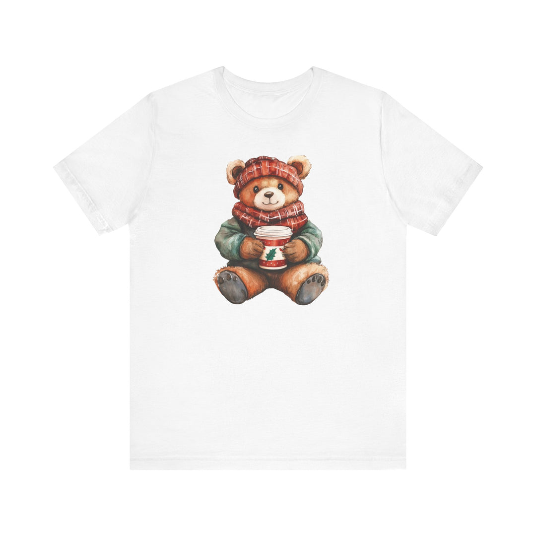 Old Money Christmas Bear Tee featuring a winter-dressed teddy bear holding a festive cup, printed on a soft, white, unisex short-sleeve T-shirt.