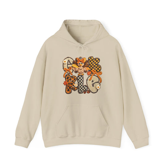 Light-beige Gobble Hoodie featuring whimsical Thanksgiving design with GOBBLE in autumnal colors, cartoon turkey in O, kangaroo pocket, drawstring hood.