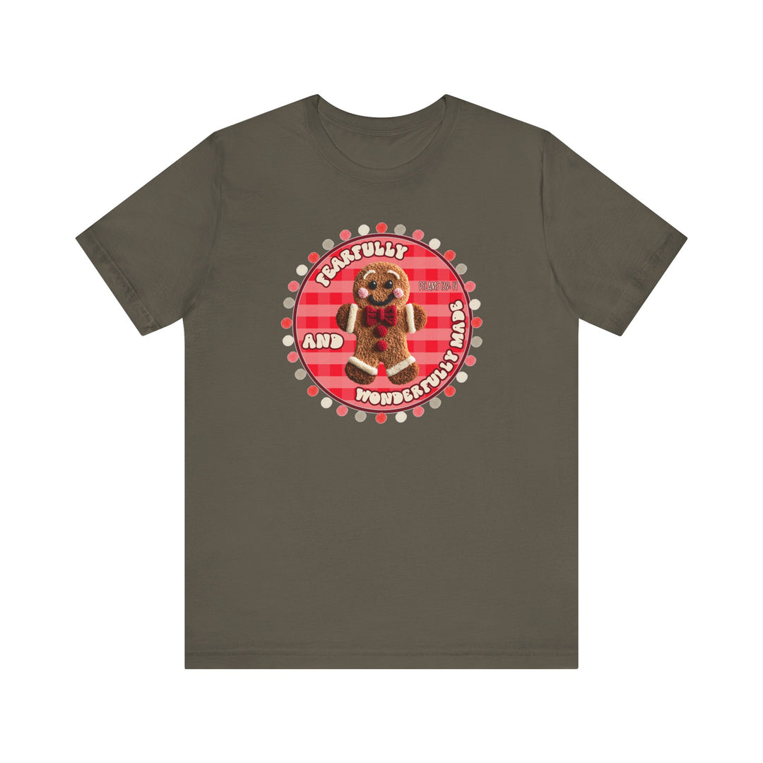 Wonderfully Made Tee featuring a smiling gingerbread-man graphic with gingham border and inspirational text, crafted from soft cotton for a comfortable, lasting fit.