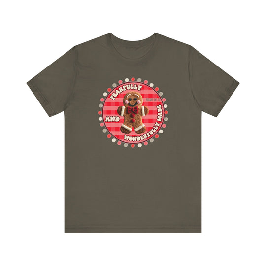 Wonderfully Made Tee featuring a smiling gingerbread-man graphic with gingham border and inspirational text, crafted from soft cotton for a comfortable, lasting fit.