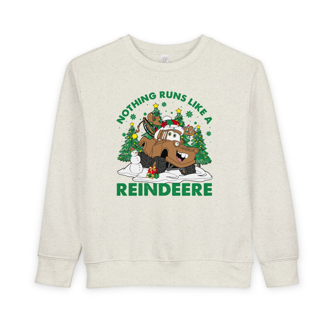 Reindeere Toddler Crew: Cream sweatshirt featuring a festive tow-truck with reindeer antlers on snowy ground, perfect for keeping toddlers warm and stylish.