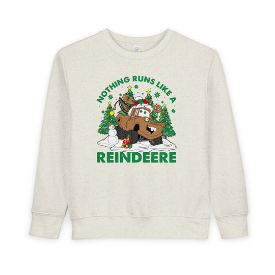 Reindeere Toddler Crew: Cream sweatshirt featuring a festive tow-truck with reindeer antlers on snowy ground, perfect for keeping toddlers warm and stylish.