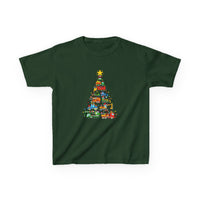 Kids' Christmas Truck Tee with a festive tree design of colorful vehicles strung with lights, made from soft, durable cotton, perfect for daily wear.