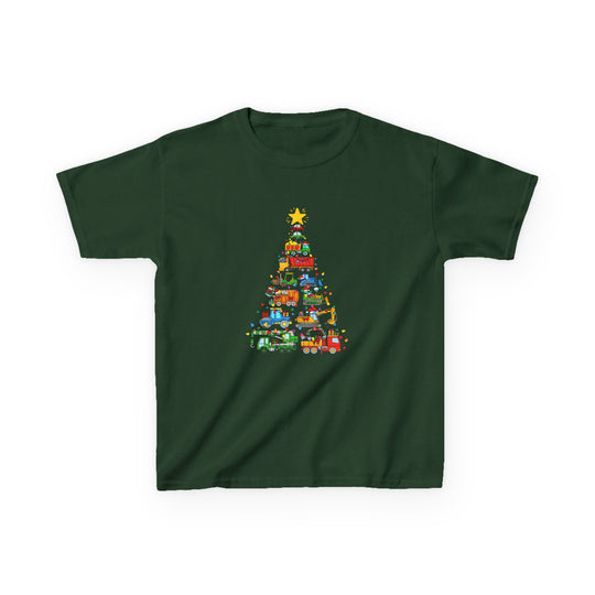 Kids' Christmas Truck Tee with a festive tree design of colorful vehicles strung with lights, made from soft, durable cotton, perfect for daily wear.