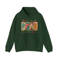Dark-green Pray Hoodie featuring a festive knit-style graphic with holly and stars, front pouch pocket, and matching drawstring, ideal for cozy, cold-day comfort.