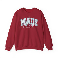 Deep red Made for More Crew sweatshirt with a leafy graphic design and biblical reference on chest, featuring a comfortable, loose fit ideal for casual wear.