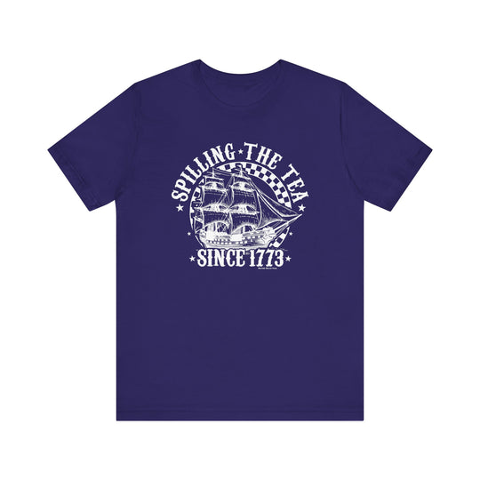 Purple tee with sailboat and text design, part of the Spilling the Tea Since 1773 Tee collection by Worlds Worst Tees. Unisex jersey shirt with ribbed knit collar, 100% cotton, retail fit.