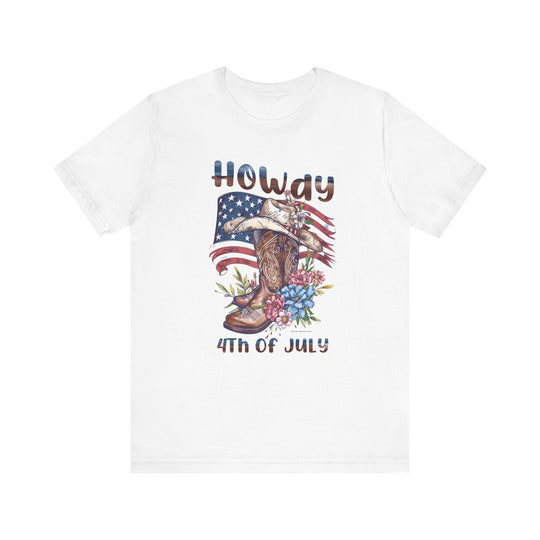 A white t-shirt featuring a cowboy hat, boots, and flowers, embodying a classic Western theme. Made of 100% Airlume combed and ringspun cotton, with ribbed knit collars and taping on shoulders for lasting comfort and fit.