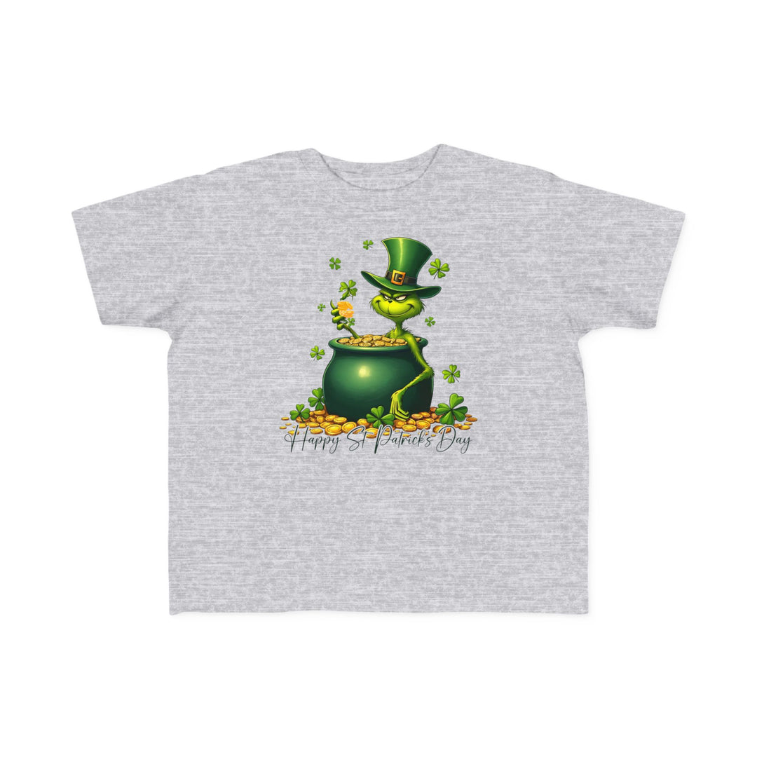 Grinchy St Patrick's Day Toddler's Tee featuring a cartoon green character in a pot of gold. Soft, durable, perfect for toddlers' sensitive skin.
