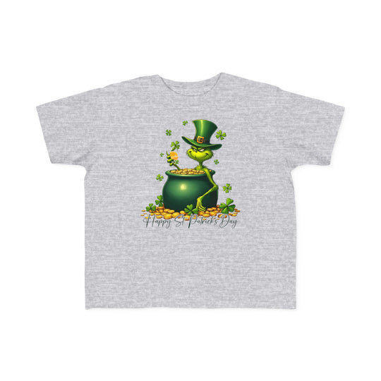 Grinchy St Patrick's Day Toddler's Tee featuring a cartoon green character in a pot of gold. Soft, durable, perfect for toddlers' sensitive skin.