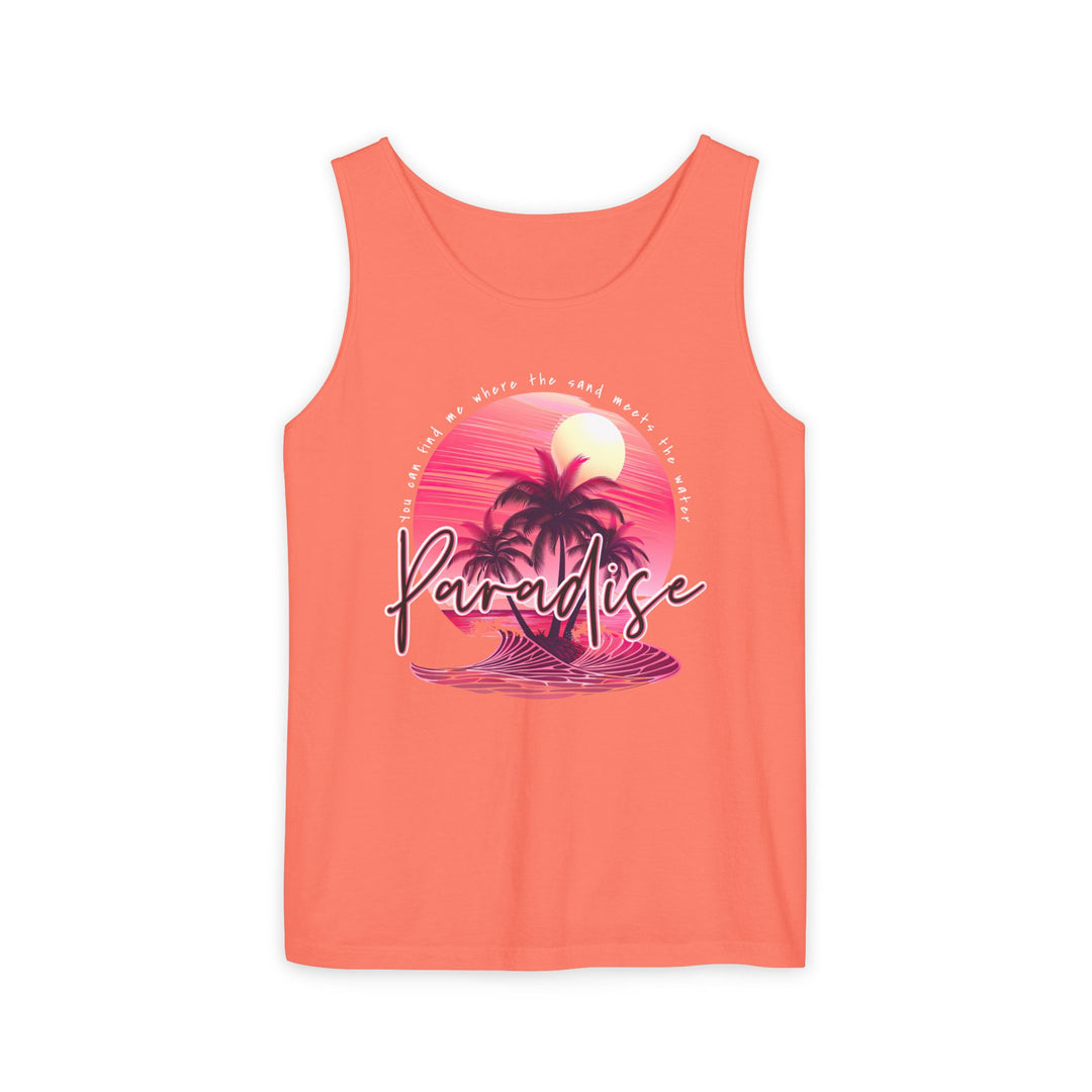 Paradise Tank Top, a unisex garment-dyed tank made from 100% US cotton, offers a relaxed fit and sustainable design, perfect for eco-conscious fashion enthusiasts.