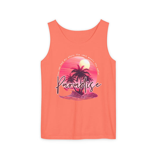 Paradise Tank Top, a unisex garment-dyed tank made from 100% US cotton, offers a relaxed fit and sustainable design, perfect for eco-conscious fashion enthusiasts.
