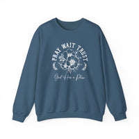 Pray Wait Trust Crew sweatshirt with white text and floral accents, ideal for comfort with its polyester-cotton blend and ribbed collar.