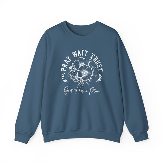 Pray Wait Trust Crew sweatshirt with white text and floral accents, ideal for comfort with its polyester-cotton blend and ribbed collar.