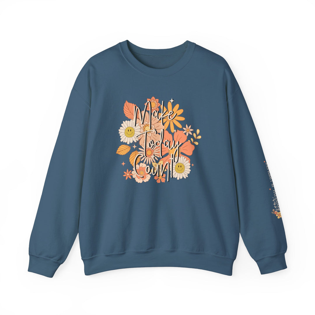 A unisex heavy blend crewneck sweatshirt, the Make Today Count Crew, offers comfort with ribbed knit collar, no itchy side seams, and a loose fit. 50% cotton, 50% polyester, medium-heavy fabric. Sizes S to 5XL.