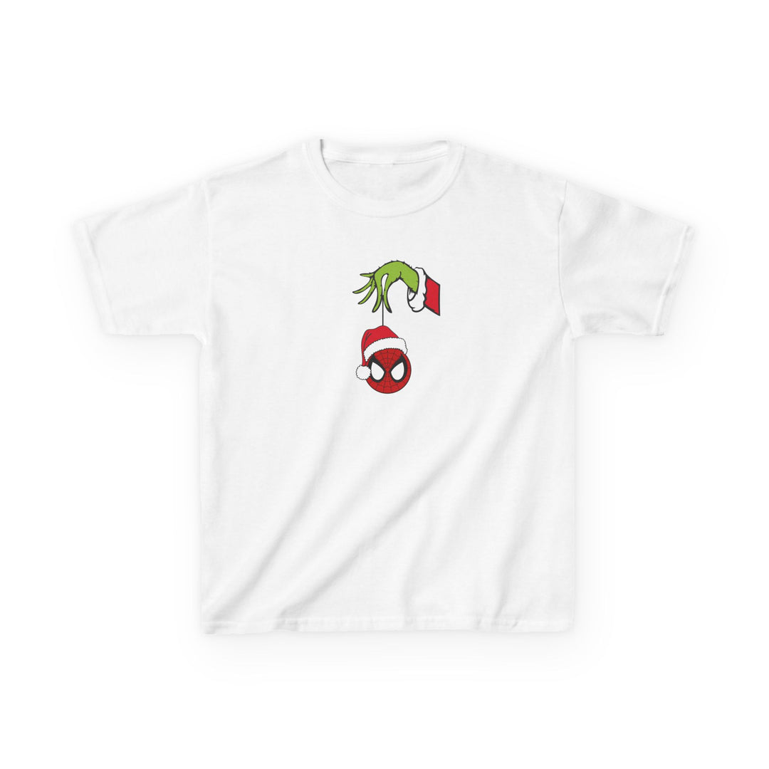Spider Ball Christmas Kids Tee featuring a green, furry hand holding a Spider-Man mask ornament with a Santa hat, on a plain white T-shirt.
