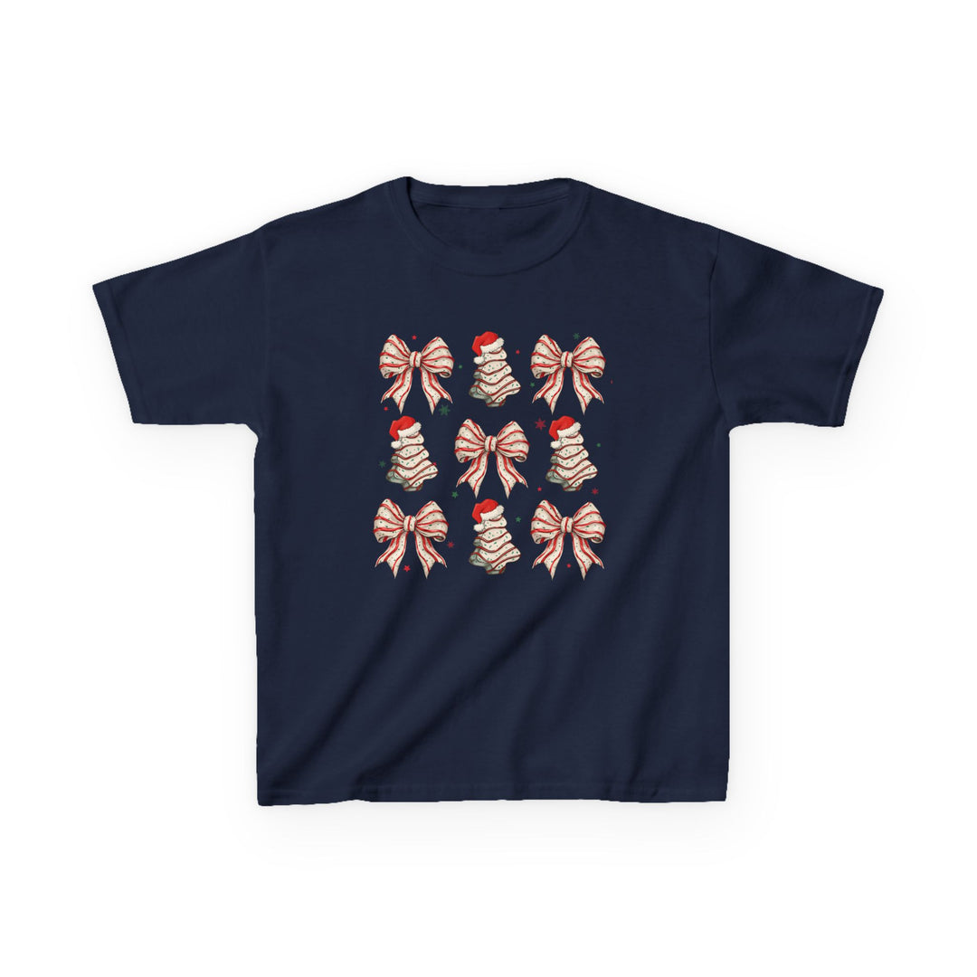 Cookies and Bows Kids Tee featuring navy-blue fabric with a festive grid of bows and Christmas trees, perfect for everyday wear with durable, soft cotton.