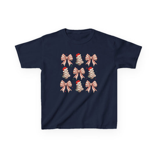 Cookies and Bows Kids Tee featuring navy-blue fabric with a festive grid of bows and Christmas trees, perfect for everyday wear with durable, soft cotton.