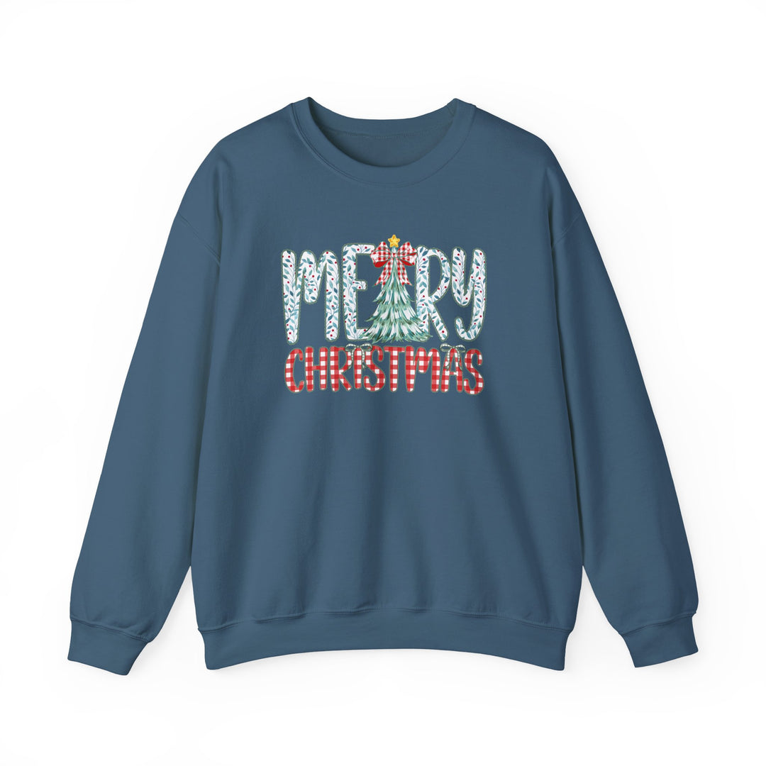 Blue crew-neck sweatshirt, Tree Christmas Crew, featuring festive Merry Christmas graphic with holly-leaf and buffalo-check patterns, ideal for cozy, stylish holiday wear.