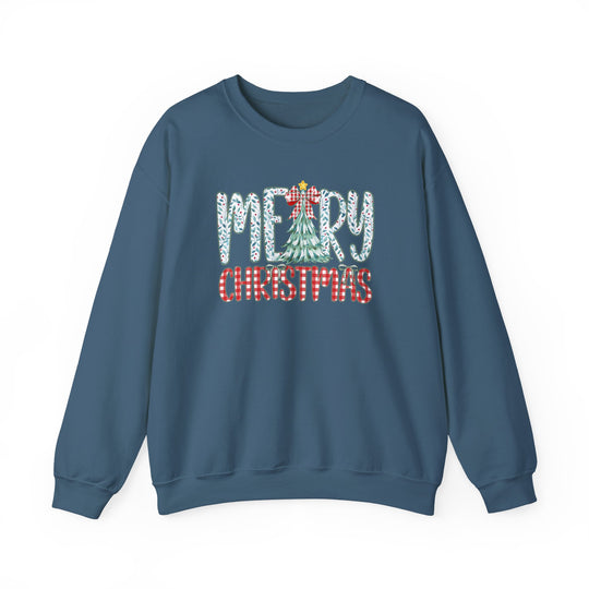 Blue crew-neck sweatshirt, Tree Christmas Crew, featuring festive Merry Christmas graphic with holly-leaf and buffalo-check patterns, ideal for cozy, stylish holiday wear.