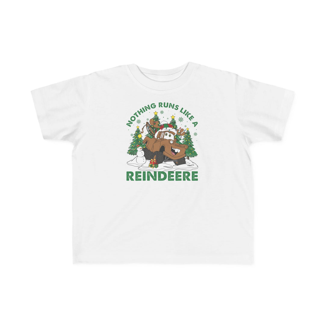 Reindeere Toddler Tee: Festive white T-shirt featuring a cartoon reindeer truck with antlers, Christmas trees, and a snowman; perfect soft fit for toddlers.