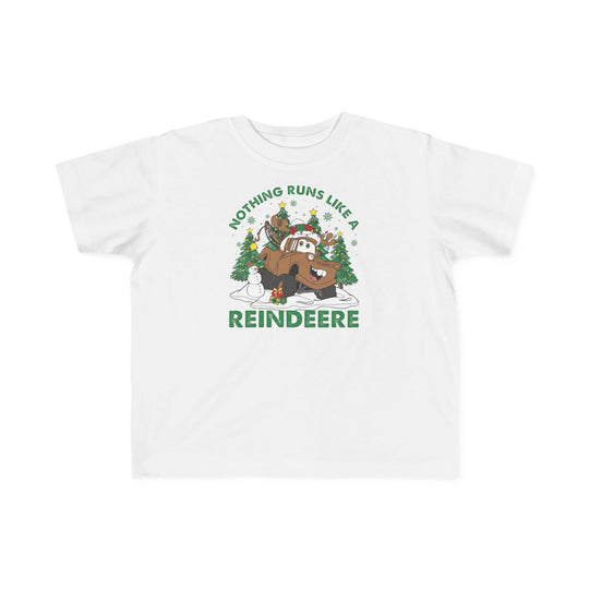 Reindeere Toddler Tee: Festive white T-shirt featuring a cartoon reindeer truck with antlers, Christmas trees, and a snowman; perfect soft fit for toddlers.