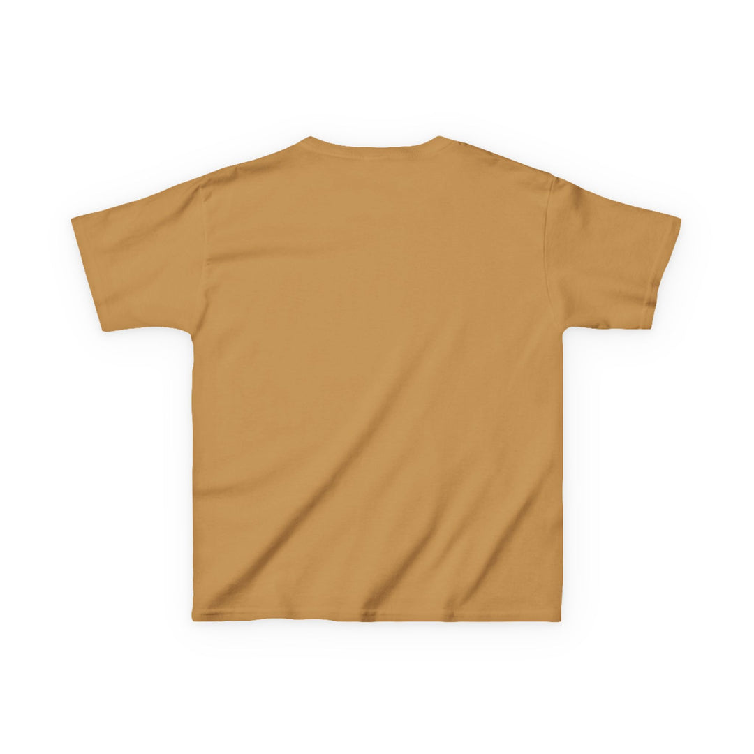 Christmas Geese Kids Tee in mustard brown, short-sleeved, shown from the back, plain design, ideal for everyday wear, part of Faith Family Designs collection.