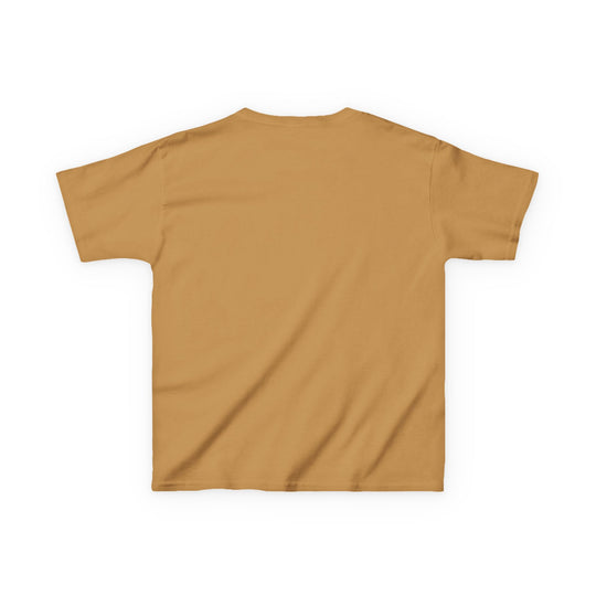 Christmas Geese Kids Tee in mustard brown, short-sleeved, shown from the back, plain design, ideal for everyday wear, part of Faith Family Designs collection.