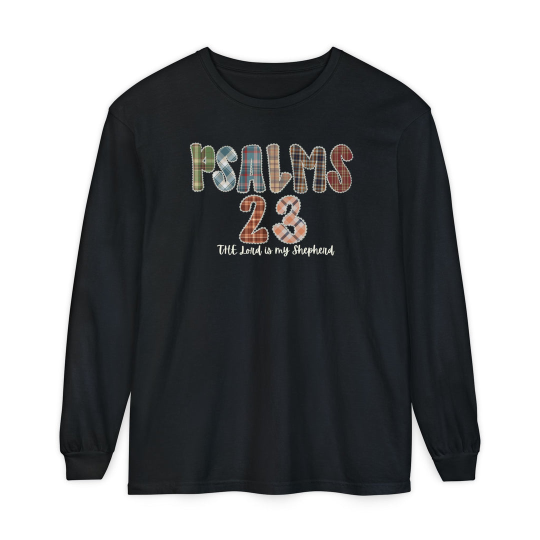 Psalms 23 Long Sleeve Tee featuring a multi-plaid patchwork graphic with PSALMS 23 and The Lord is my Shepherd in cursive, made of 100% ring-spun cotton.