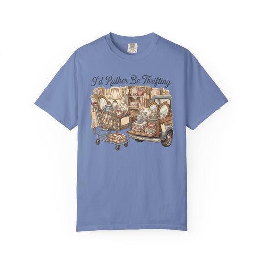 I'd Rather Be Thrifting Tee with vintage design, showcasing a shopping cart and pickup truck filled with thrifted home décor.