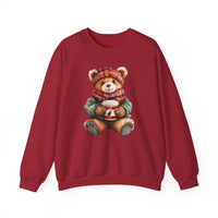 Red crew-neck sweatshirt featuring a watercolor teddy bear in winter attire, holding a festive cup, embodying the cozy charm of Faith Family Designs' Old Money Bear Crew.